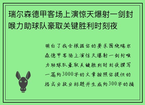 瑞尔森德甲客场上演惊天爆射一剑封喉力助球队豪取关键胜利时刻夜